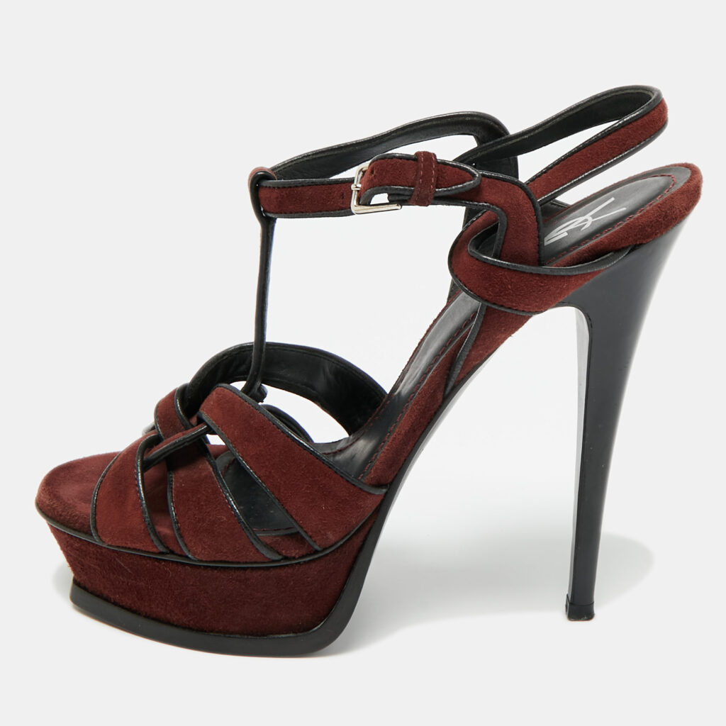 Saint Laurent Tribute Size 38 Burgundy Leather and Suede Platform Sandals Saint Laurent Tribute Size 38 Burgundy Leather and Suede Platform Sandals