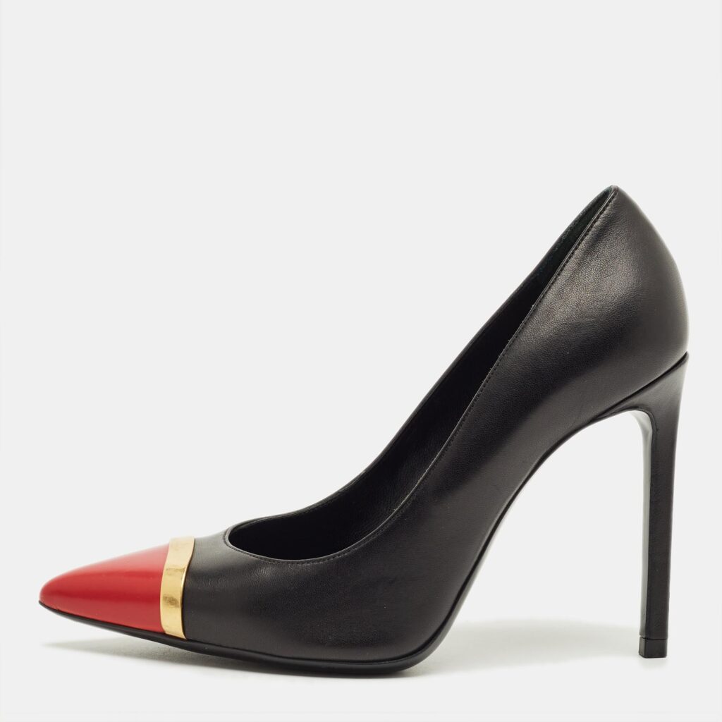 Saint Laurent Janis Size 35.5 Black/Red Leather Metal Trim Pointed Toe Pumps