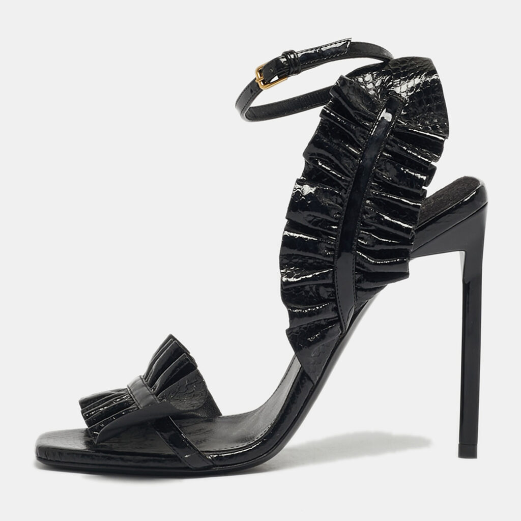 Saint Laurent Size 35 Black Snakeskin Embossed Patent Leather Ankle Strap Sandals Saint Laurent Size 35 Black Snakeskin Embossed Patent Leather Ankle Strap Sandals