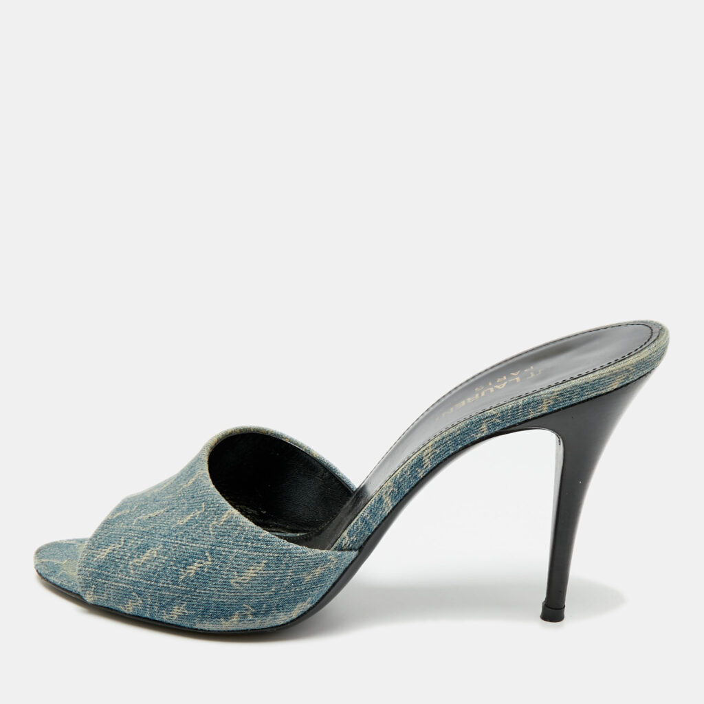 Saint Laurent La 16’ Size 36.5 Blue Denim Monogram Slide Sandals Saint Laurent La 16’ Size 36.5 Blue Denim Monogram Slide Sandals