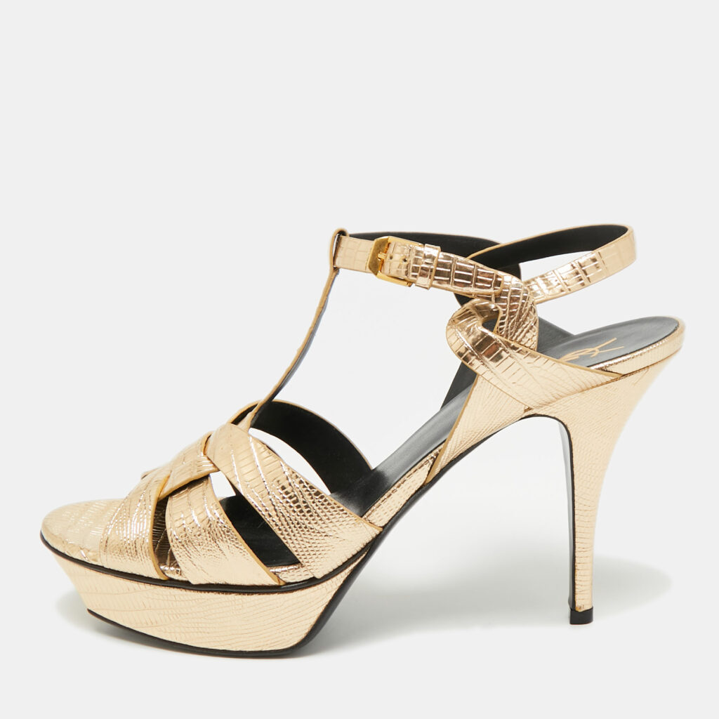 Saint Laurent Tribute Size 41 Metallic Gold Lizard Embossed Leather Platform Sandals Saint Laurent Tribute Size 41 Metallic Gold Lizard Embossed Leather Platform Sandals