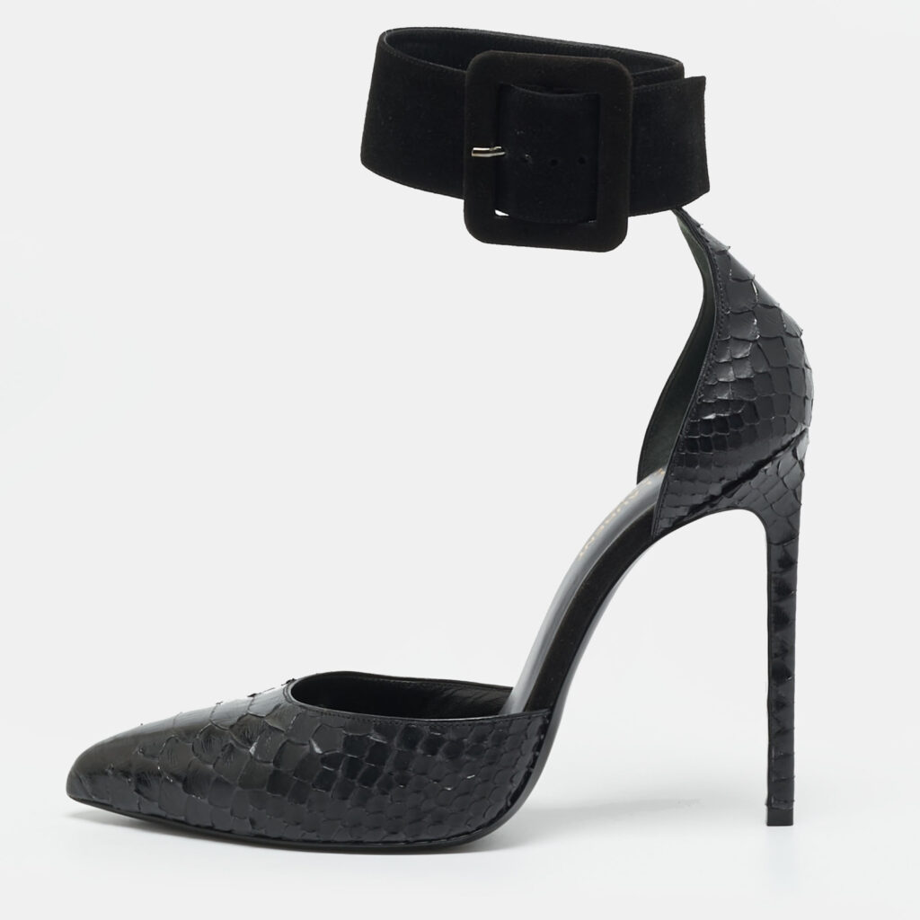 Saint Laurent Escarpin Size 39.5 Black Python and Suede Ankle Cuff Pumps Saint Laurent Escarpin Size 39.5 Black Python and Suede Ankle Cuff Pumps