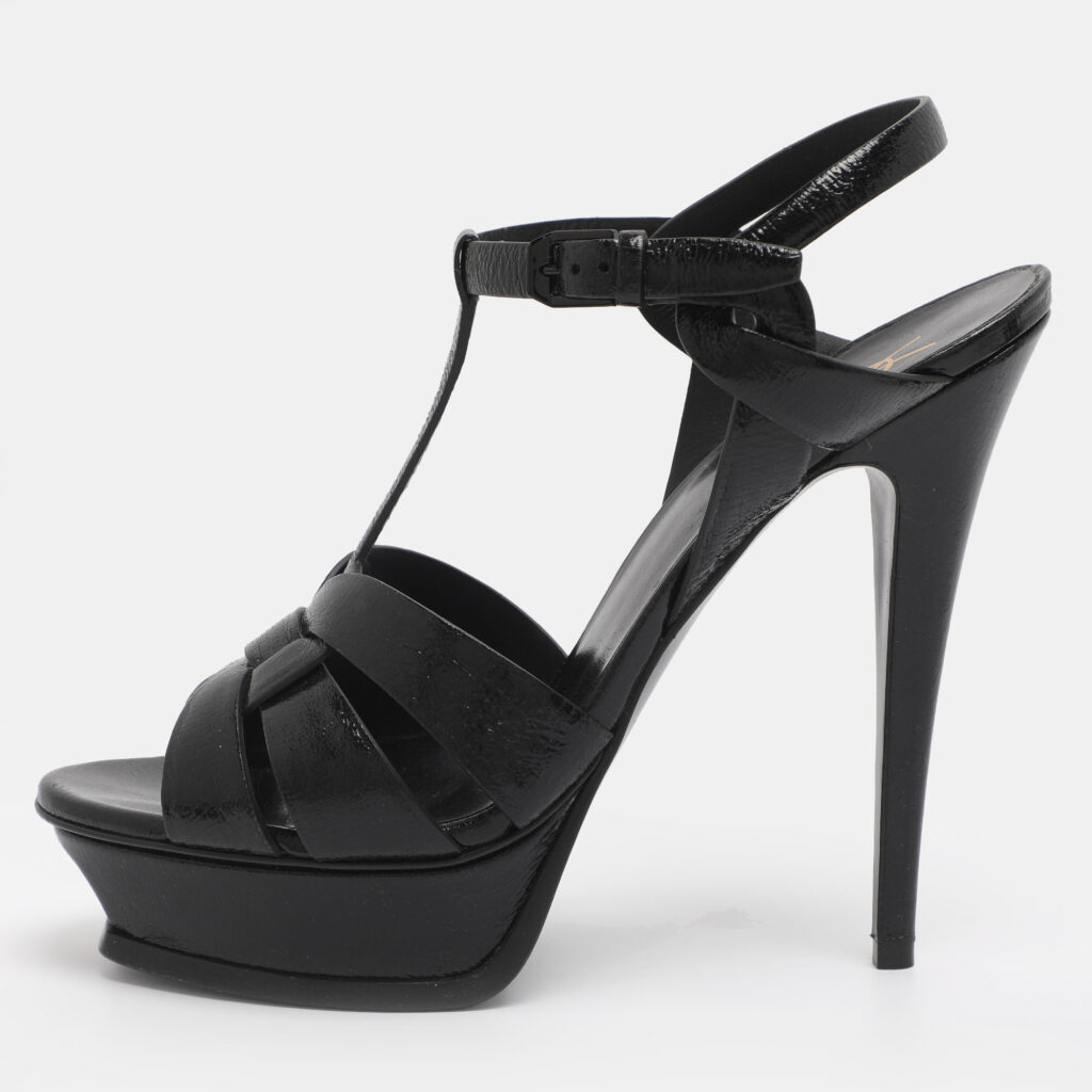 Saint Laurent Paris Tribute Size 40 Black Patent Leather Platform Sandals