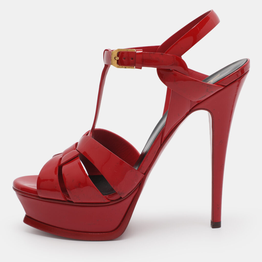 Saint Laurent Paris Tribute Size 38.5 Red Patent Leather Platform Sandals
