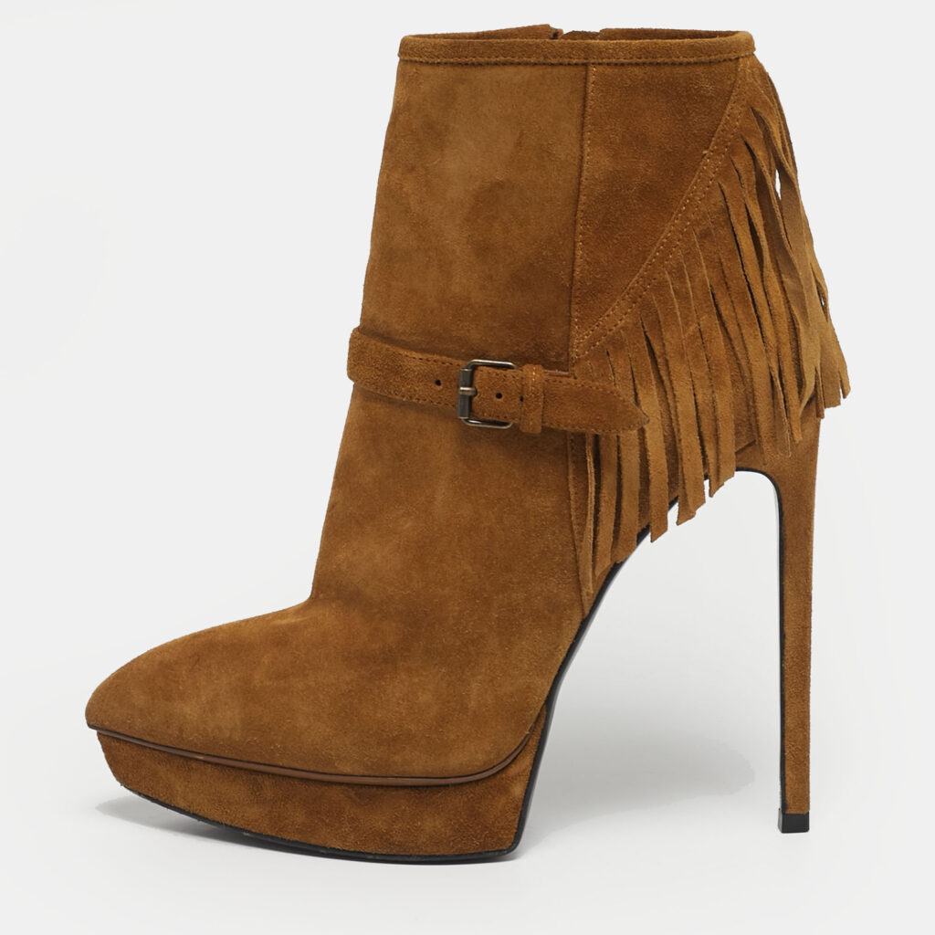 Saint Laurent Size 38 Brown Suede western fringe Platform Ankle Length Boots Saint Laurent Size 38 Brown Suede western fringe Platform Ankle Length Boots