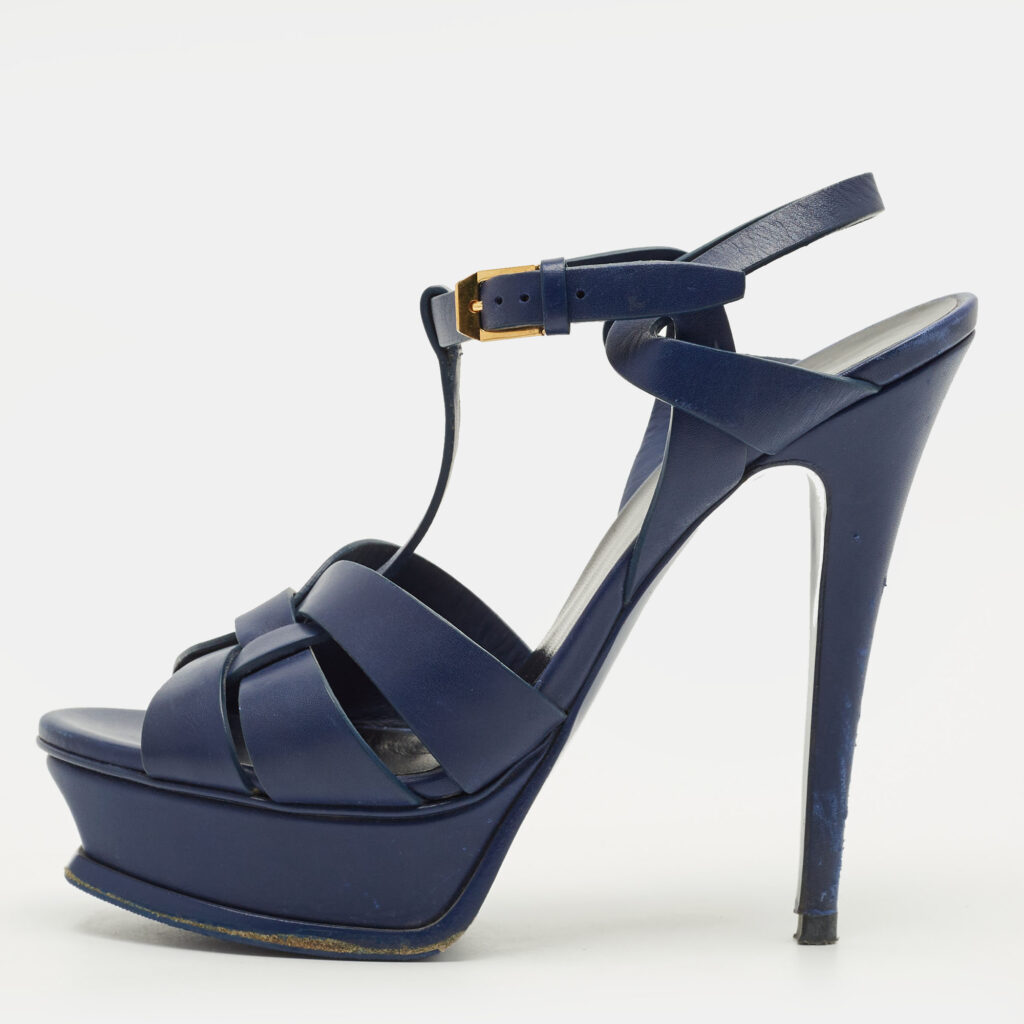 Saint Laurent Paris Tribute Size 37.5 Blue Leather Ankle Strap Sandals