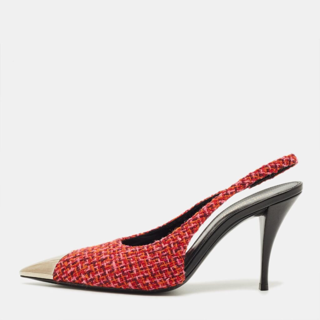 Saint Laurent Size 39 Multicolor Tweed Metal Cap Toe Slingback Pumps