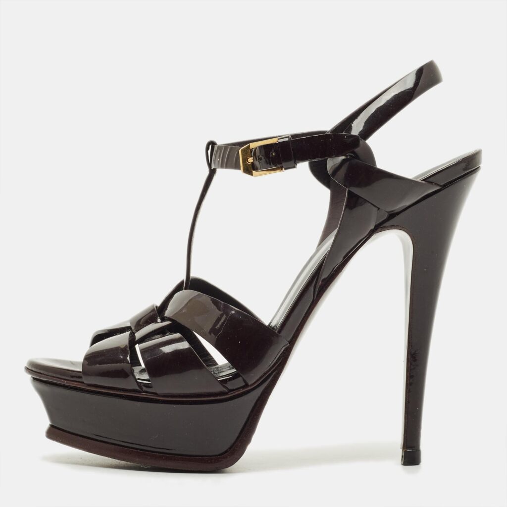 Saint Laurent Tribute Size 37.5 Burgundy Patent Leather Platform Sandals