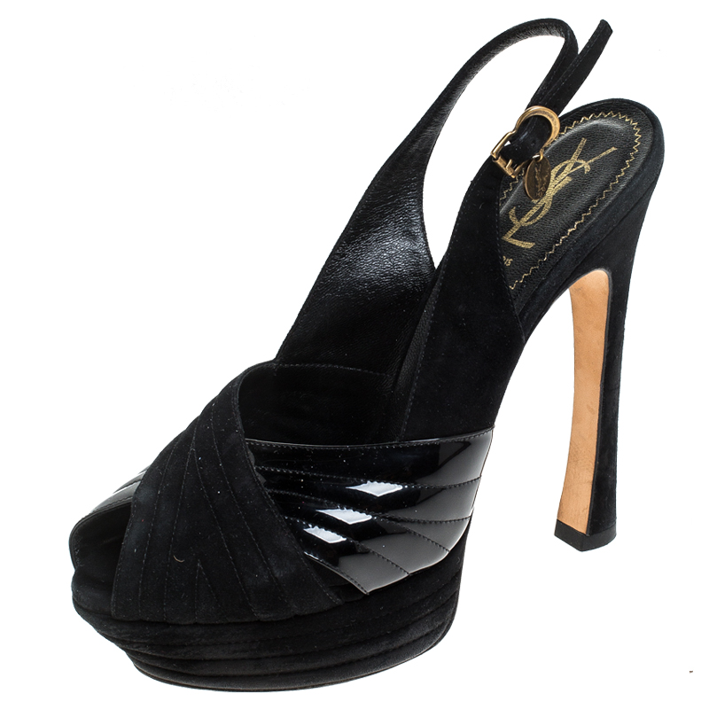 Saint Laurent Paris Black Criss Cross Suede and Patent Leather Slingback Platform Sandals Size 40 Saint Laurent Paris Black Criss Cross Suede and Patent Leather Slingback Platform Sandals Size 40