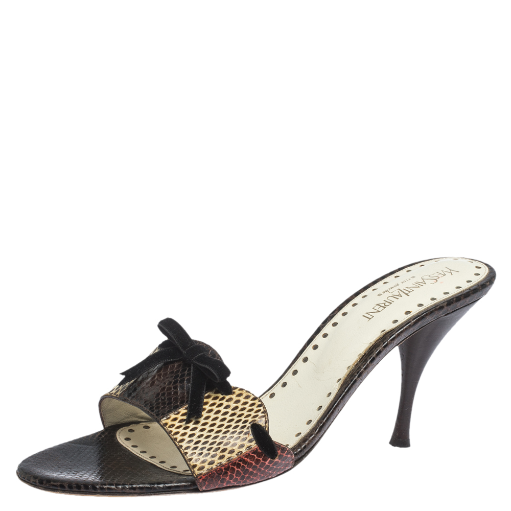Saint Laurent Multicolor Snakeskin Bow Slide Sandals Size 40.5 Saint Laurent Multicolor Snakeskin Bow Slide Sandals Size 40.5