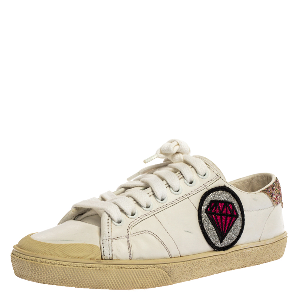 Saint Laurent Paris White Leather And Glitter Trim Court Classic SL/37 Diamond Patch Low Top Sneakers Size 35 Saint Laurent Paris White Leather And Glitter Trim Court Classic SL/37 Diamond Patch Low Top Sneakers Size 35
