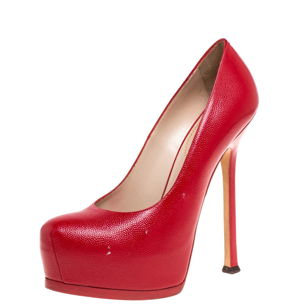 Saint Laurent Paris Red Leather Tribtoo Platform Pumps Size 38.5