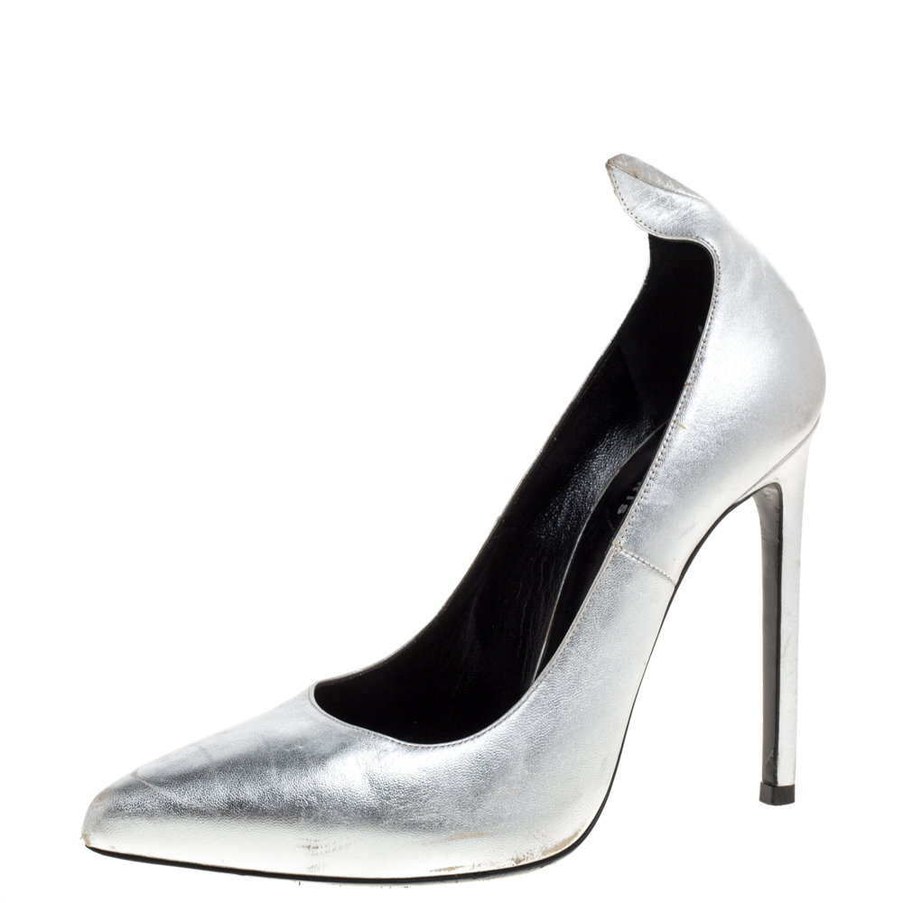 Saint Laurent Paris Silver Leather Thorn Pointed Toe Pumps Size 37
