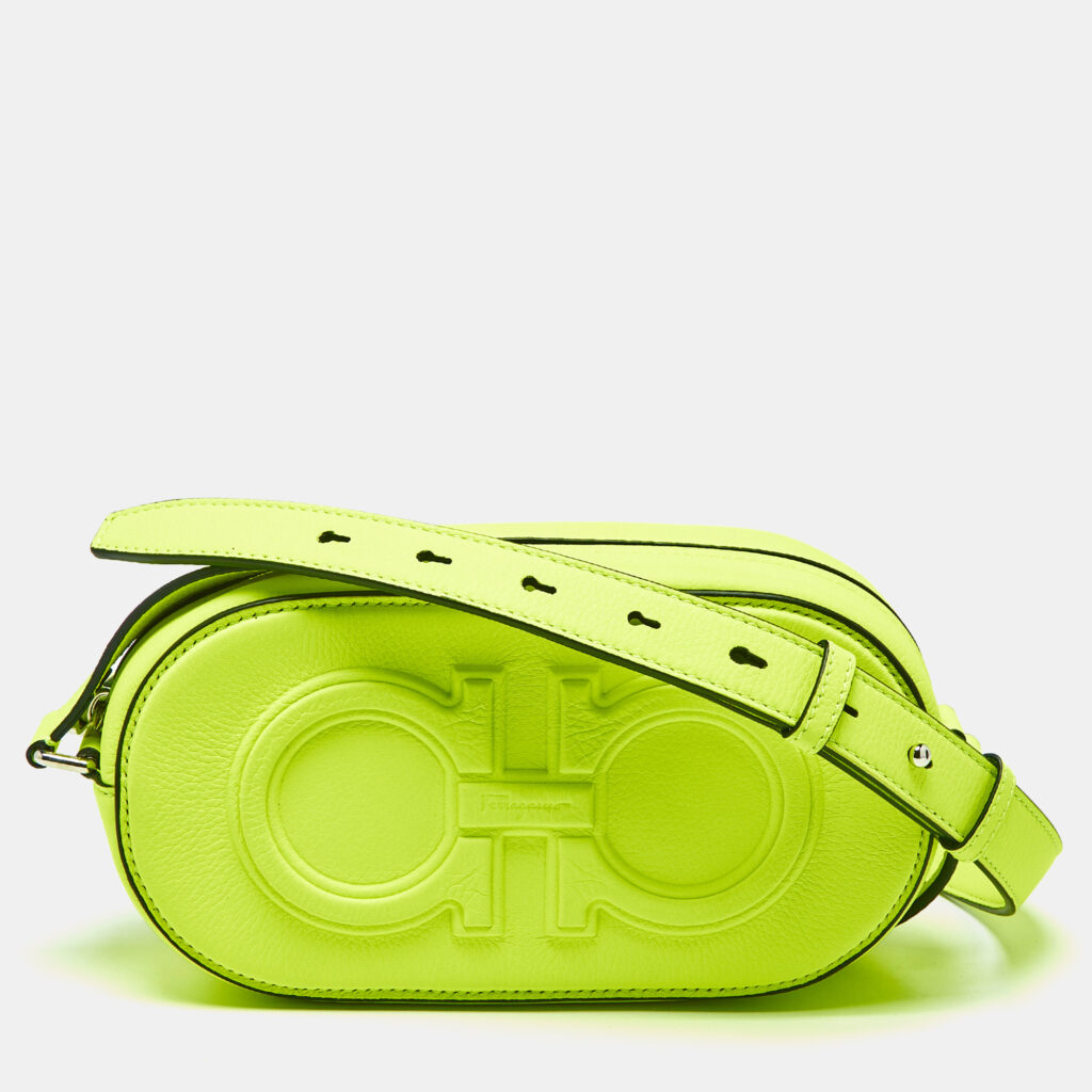 Salvatore Ferragamo Neon Green Leather Double Gancio Crossbody Bag Salvatore Ferragamo Neon Green Leather Double Gancio Crossbody Bag