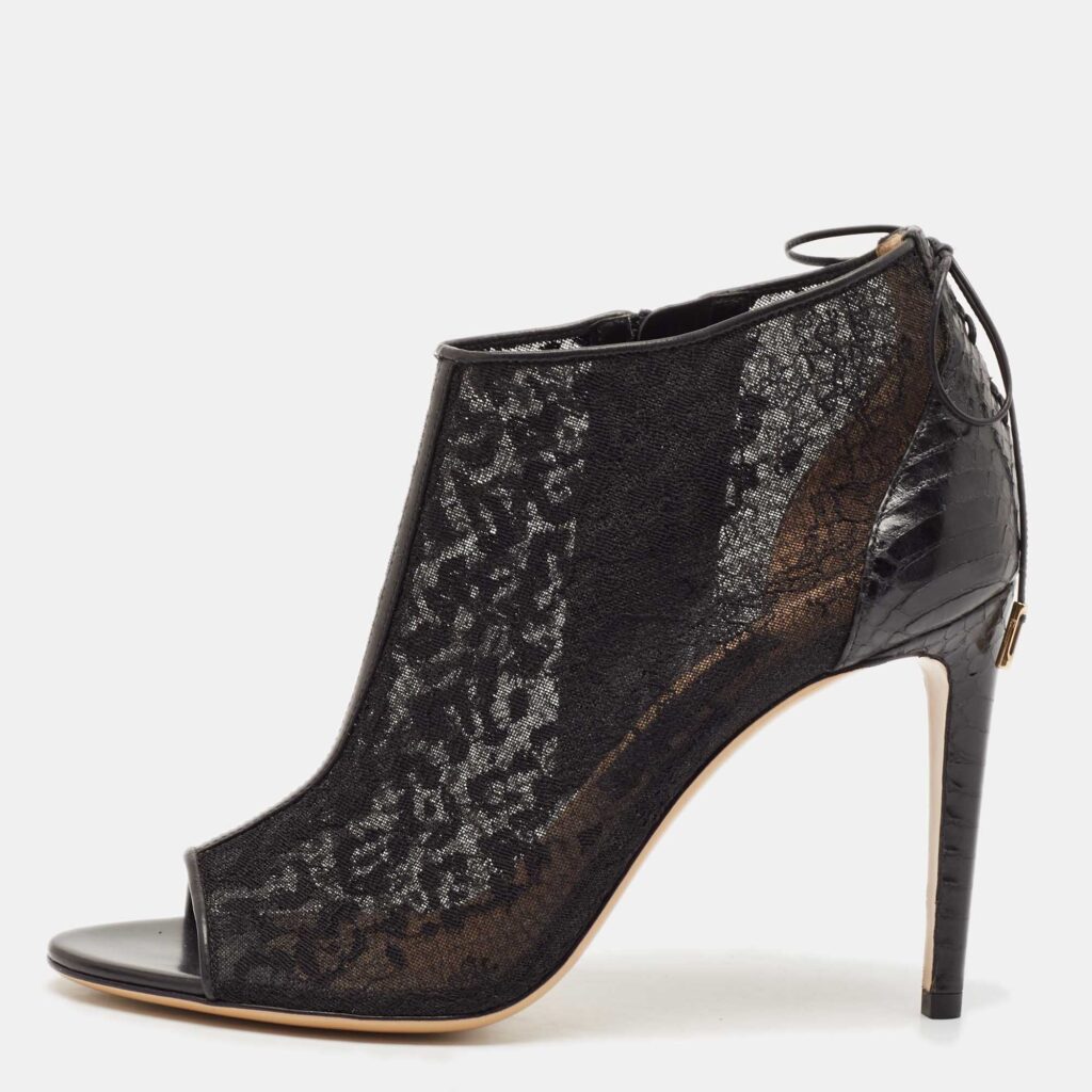 Salvatore Ferragamo Black Lace and Watersnake Open Toe Booties Size 38 Salvatore Ferragamo Black Lace and Watersnake Open Toe Booties Size 38