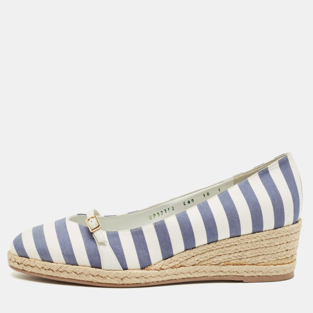Salvatore Ferragamo Blue/White Striped Fabric Audrey Wedge Espadrille Pumps Size 40.5 Salvatore Ferragamo Blue/White Striped Fabric Audrey Wedge Espadrille Pumps Size 40.5
