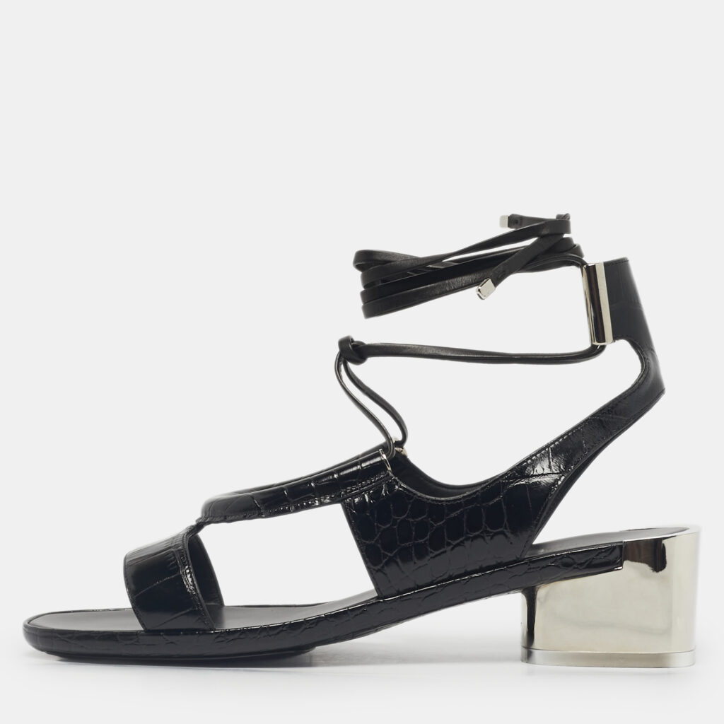 Salvatore Ferragamo Black Croc Embossed Leather Glorja Sandals Size 39