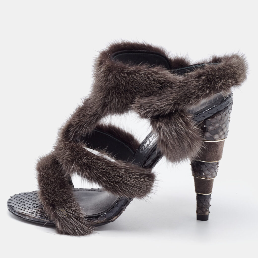 Salvatore Ferragamo Brown Mink Fur and Python Leather Cage Sandals Size 39 Salvatore Ferragamo Brown Mink Fur and Python Leather Cage Sandals Size 39