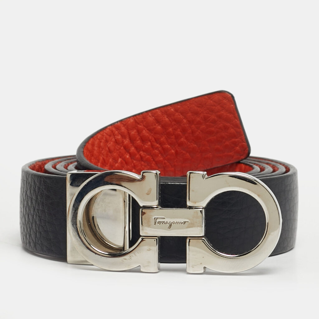 Salvatore Ferragamo Black/Orange Leather Gancini Cut to Size Reversible Belt