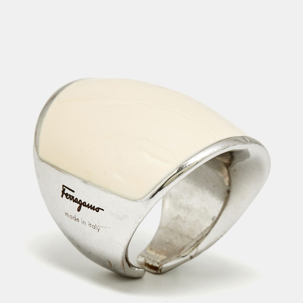 Salvatore Ferragamo White Enamel Silver Tone Ring Size 54 Salvatore Ferragamo White Enamel Silver Tone Ring Size 54