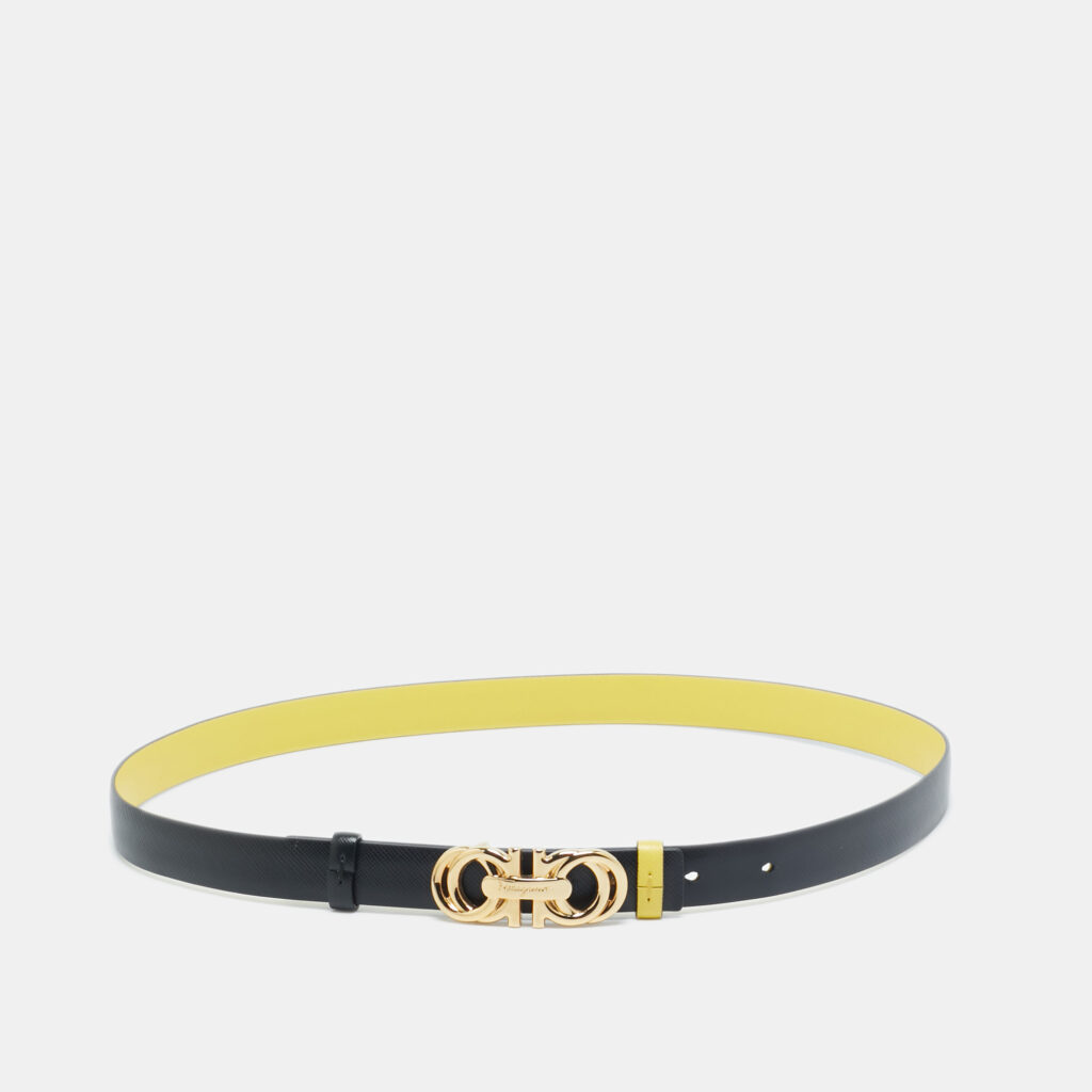 Salvatore Ferragamo Yellow/Black Leather Double Gancini Reversible Slim Belt Salvatore Ferragamo Yellow/Black Leather Double Gancini Reversible Slim Belt