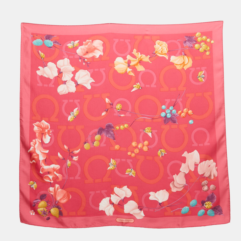 Salvatore Ferragamo Pink Fruits Print Silk Square Scarf Salvatore Ferragamo Pink Fruits Print Silk Square Scarf