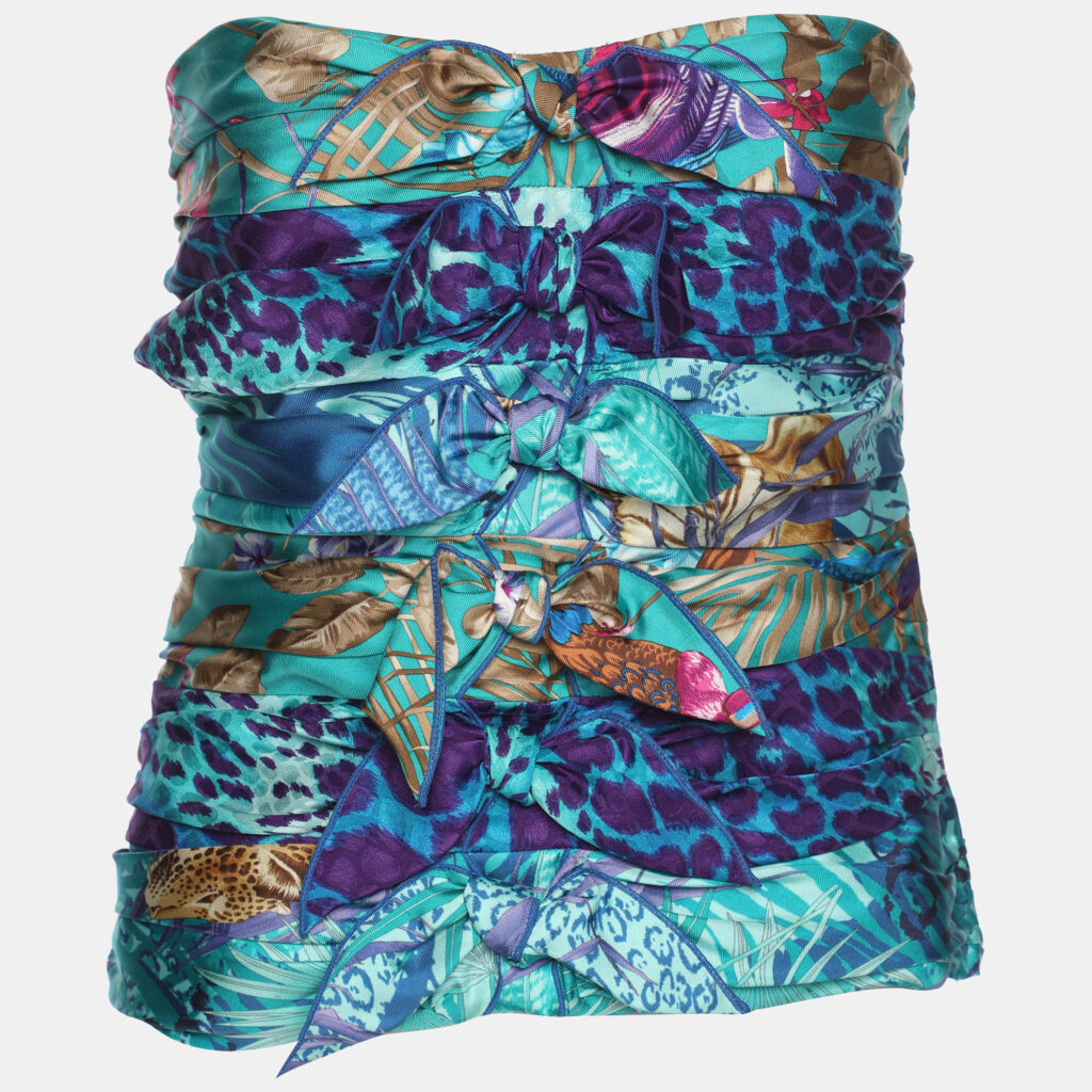 Salvatore Ferragamo Blue Printed Silk Bow Tube Top M Salvatore Ferragamo Blue Printed Silk Bow Tube Top M