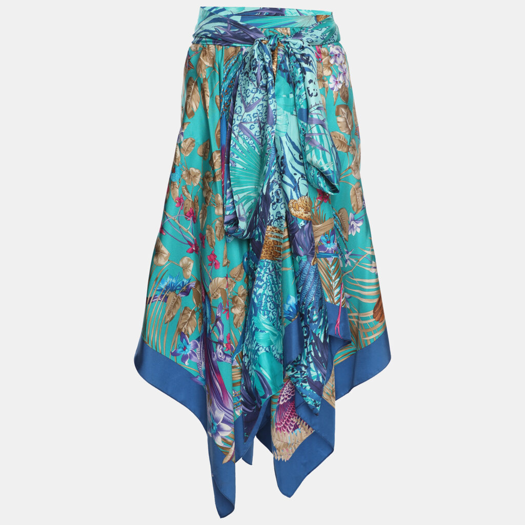Salvatore Ferragamo Blue Printed Silk Belted Asymmetric Hem Skirt M Salvatore Ferragamo Blue Printed Silk Belted Asymmetric Hem Skirt M