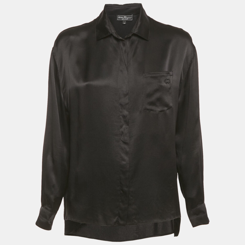 Salvatore Ferragamo Black Satin Long Sleeve Shirt M Salvatore Ferragamo Black Satin Long Sleeve Shirt M