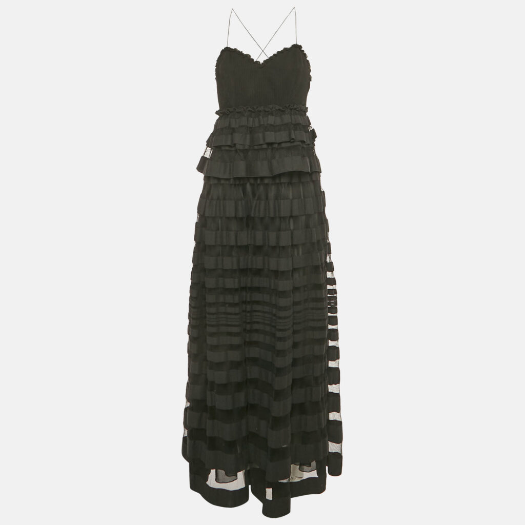 Salvatore Ferragamo Black Ruffled Sleeveless Long Dress S