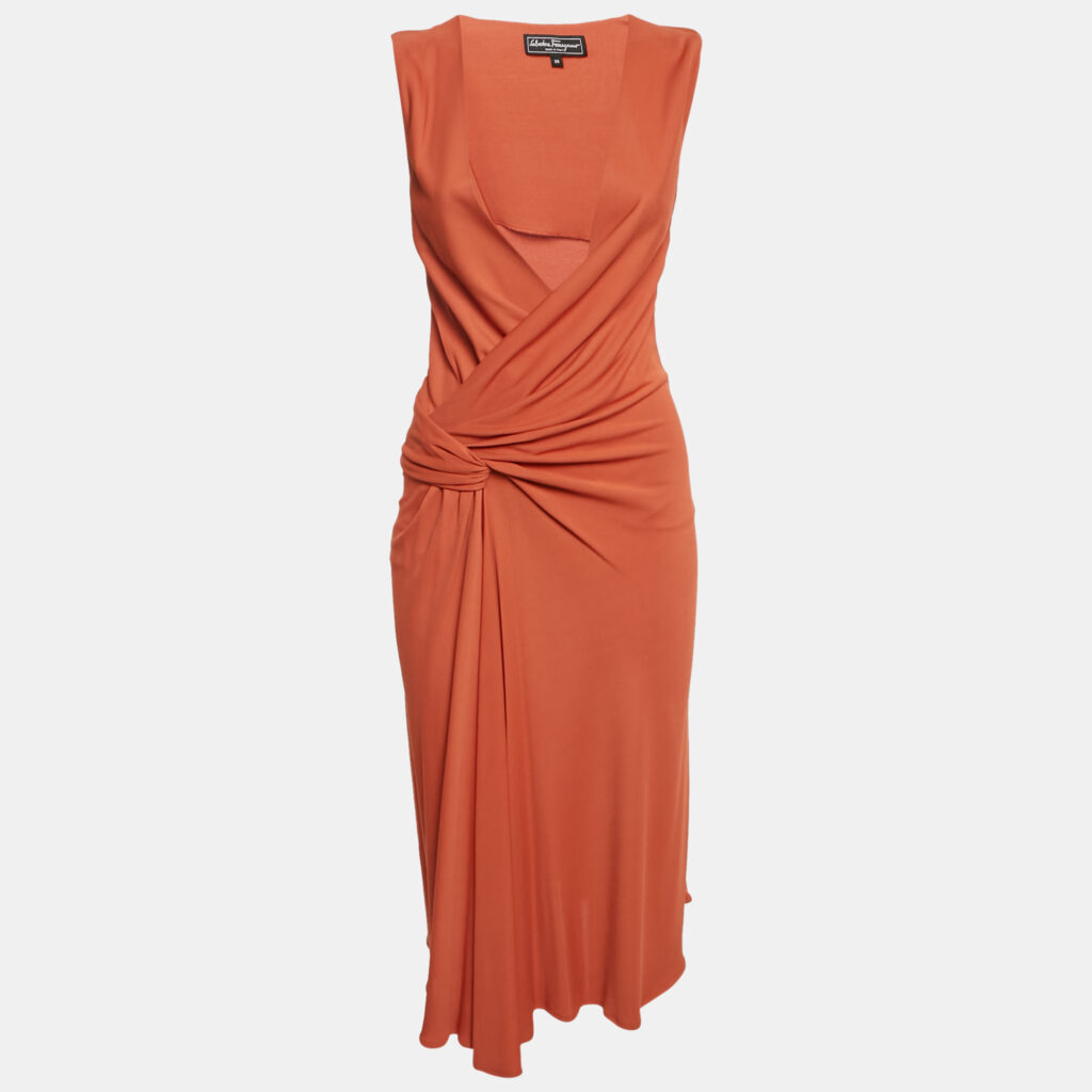Salvatore Ferragamo Orange Jersey Plunging Neck Midi Dress S Salvatore Ferragamo Orange Jersey Plunging Neck Midi Dress S