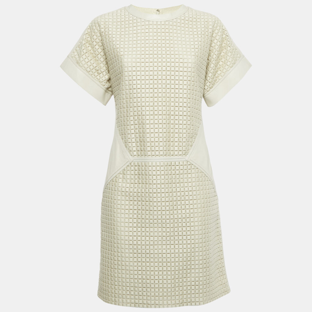 Salvatore Ferragamo Light Grey Patterned Cotton and Leather Short Dress M Salvatore Ferragamo Light Grey Patterned Cotton and Leather Short Dress M