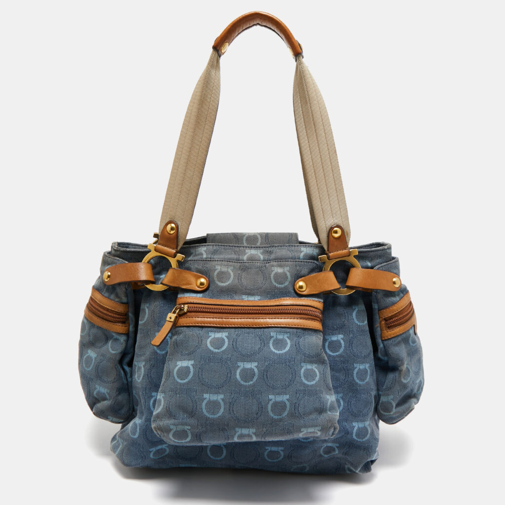 Salvatore Ferragamo Blue Gancini Print Denim and Leather Multiple Pocket Shoulder Bag Salvatore Ferragamo Blue Gancini Print Denim and Leather Multiple Pocket Shoulder Bag