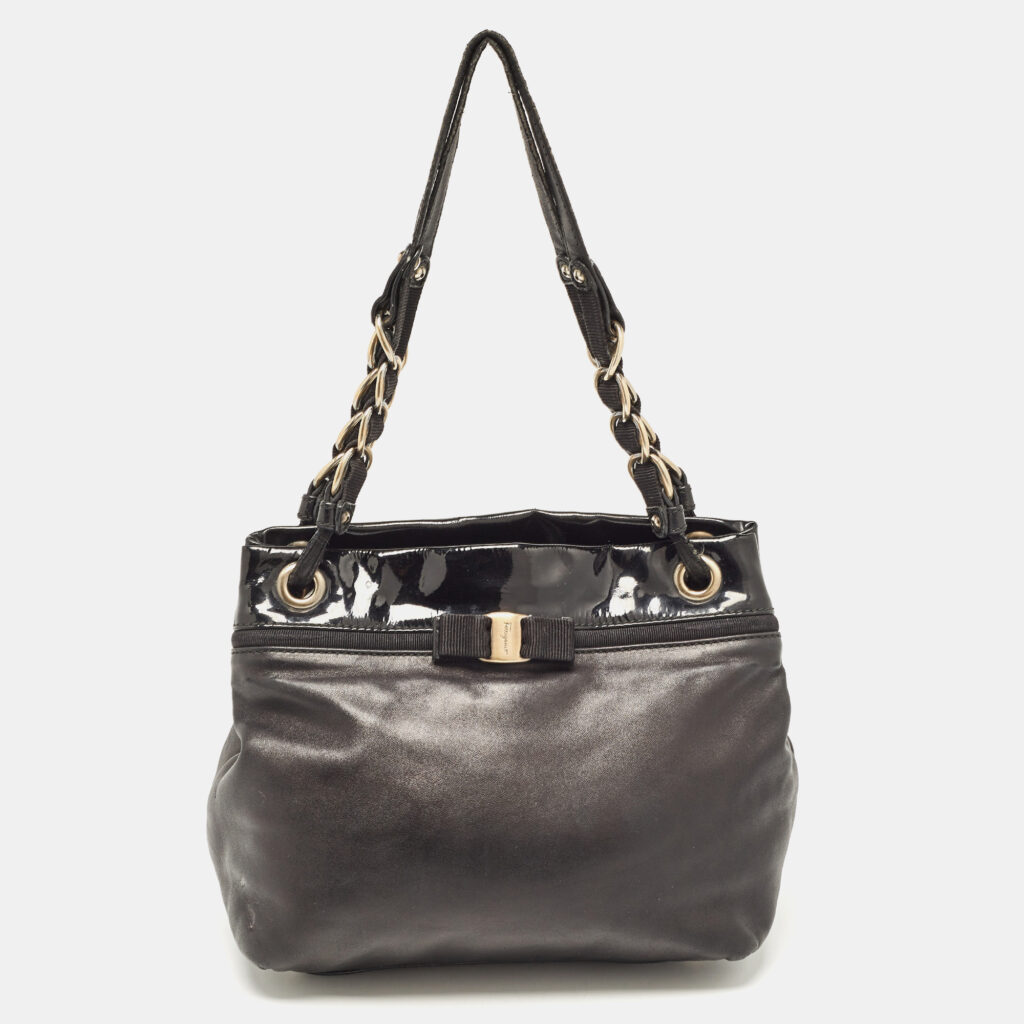 Salvatore Ferragamo Black Patent and Leather Bow Chain Tote Salvatore Ferragamo Black Patent and Leather Bow Chain Tote