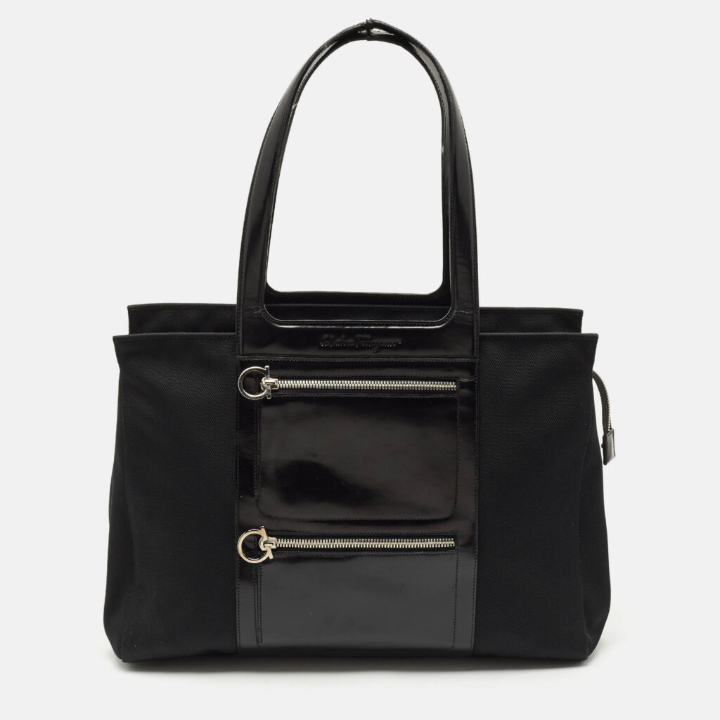 Salvatore Ferragamo Black Leather and Nylon Ganici Pocket Tote
