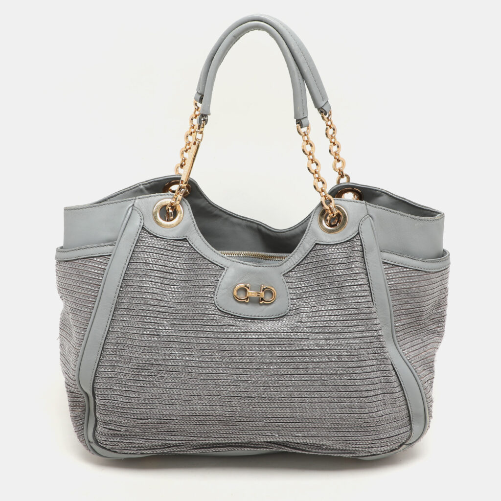 Salvatore Ferragamo Grey Leather and Raffia Betulla Tote