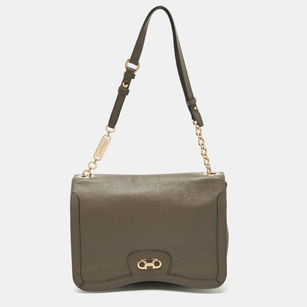Salvatore Ferragamo Dark Beige Leather Gancini Flap Shoulder Bag Salvatore Ferragamo Dark Beige Leather Gancini Flap Shoulder Bag