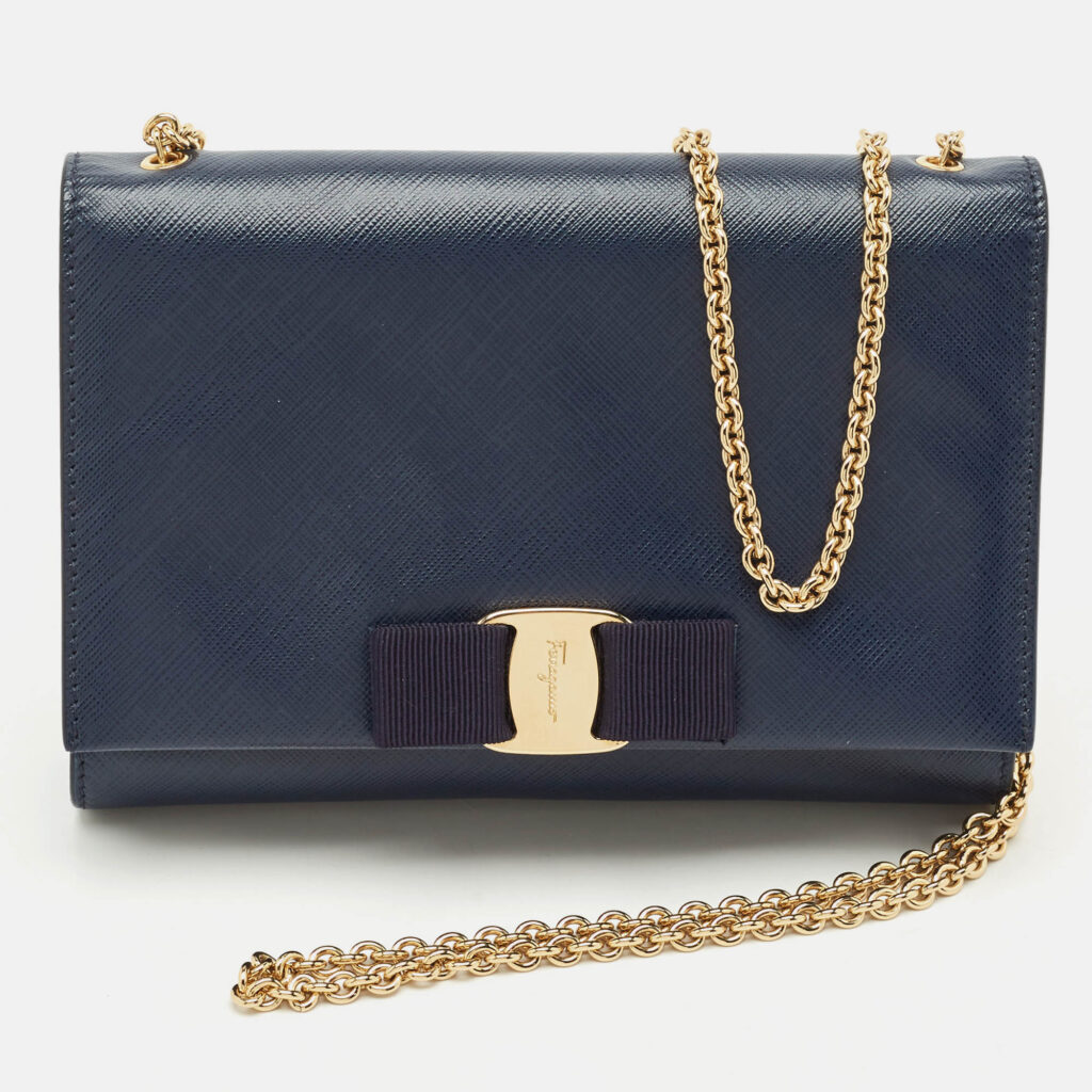 Salvatore Ferragamo Navy Blue Leather Vara Bow Chain Clutch Salvatore Ferragamo Navy Blue Leather Vara Bow Chain Clutch