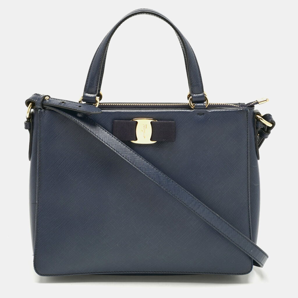 Salvatore Ferragamo Navy Blue Leather Vara Bow Tote