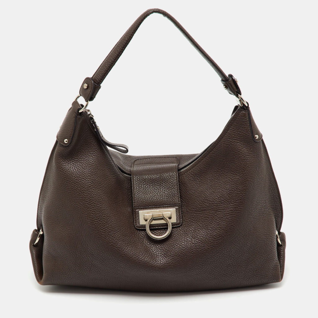 Salvatore Ferragamo Dark Brown Pebbled Leather Fanisa Hobo