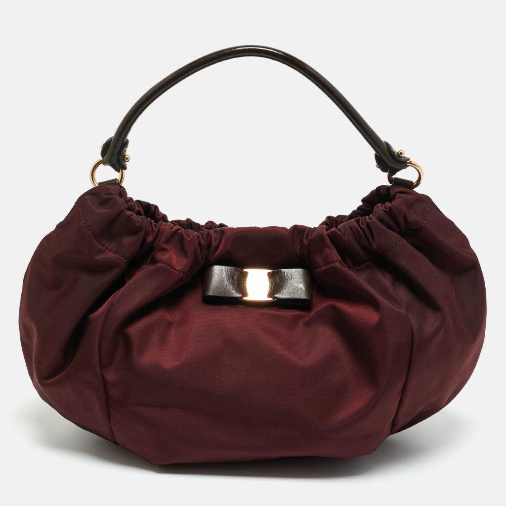 Salvatore Ferragamo Burgundy/Brown Nylon and Patent Leather Vara Bow Hobo