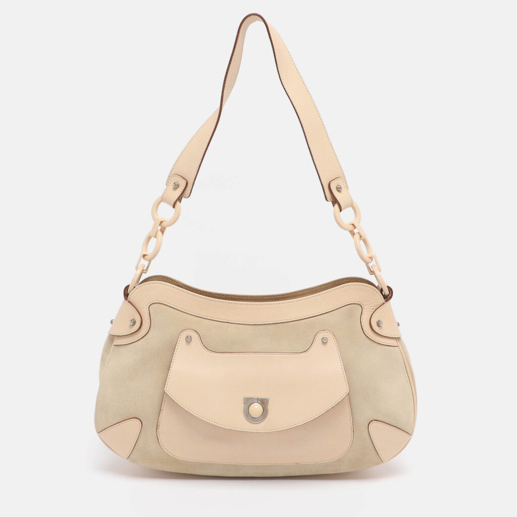 Salvatore Ferragamo Beige Leather and Suede Gancini Shoulder Bag Salvatore Ferragamo Beige Leather and Suede Gancini Shoulder Bag