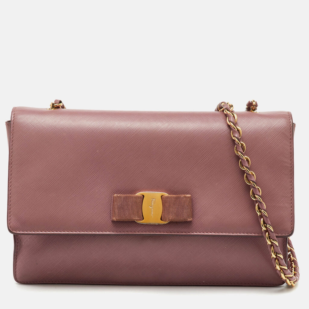 Salvatore Ferragamo Pink Saffiano Leather Vara Bow Chain Flap Shoulder Bag Salvatore Ferragamo Pink Saffiano Leather Vara Bow Chain Flap Shoulder Bag