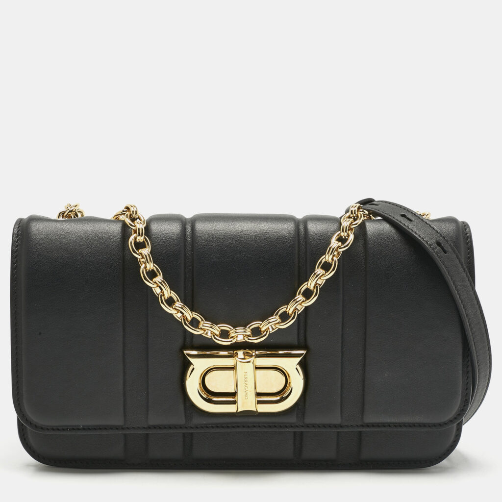 Salvatore Ferragamo Black Embossed Leather Gancini Shoulder Bag Salvatore Ferragamo Black Embossed Leather Gancini Shoulder Bag