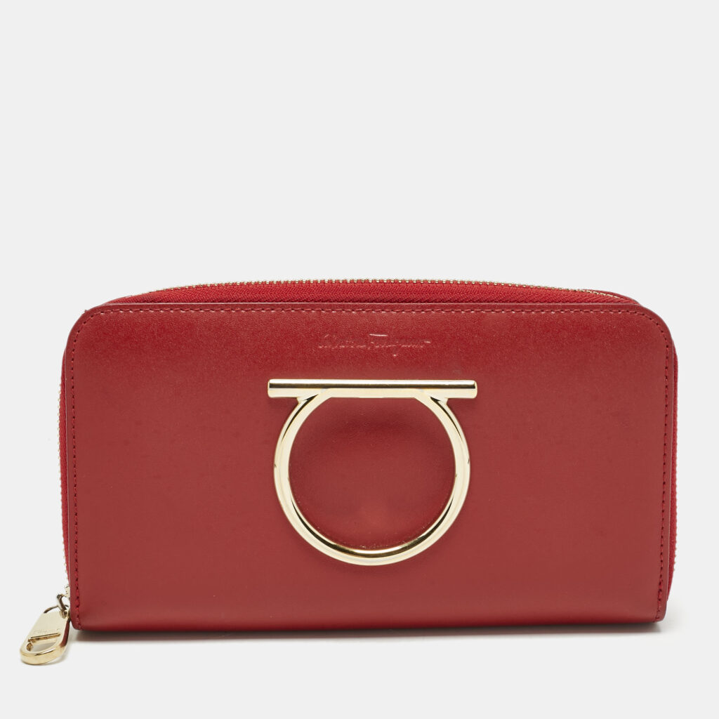 Salvatore Ferragamo Red Leather Gancini Zip Around Long Wallet Salvatore Ferragamo Red Leather Gancini Zip Around Long Wallet