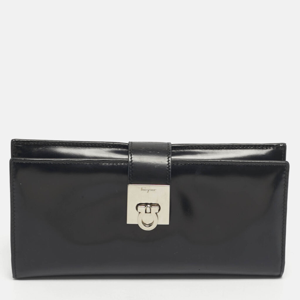 Salvatore Ferragamo Black Glossy Leather Gancini Continental Wallet Salvatore Ferragamo Black Glossy Leather Gancini Continental Wallet