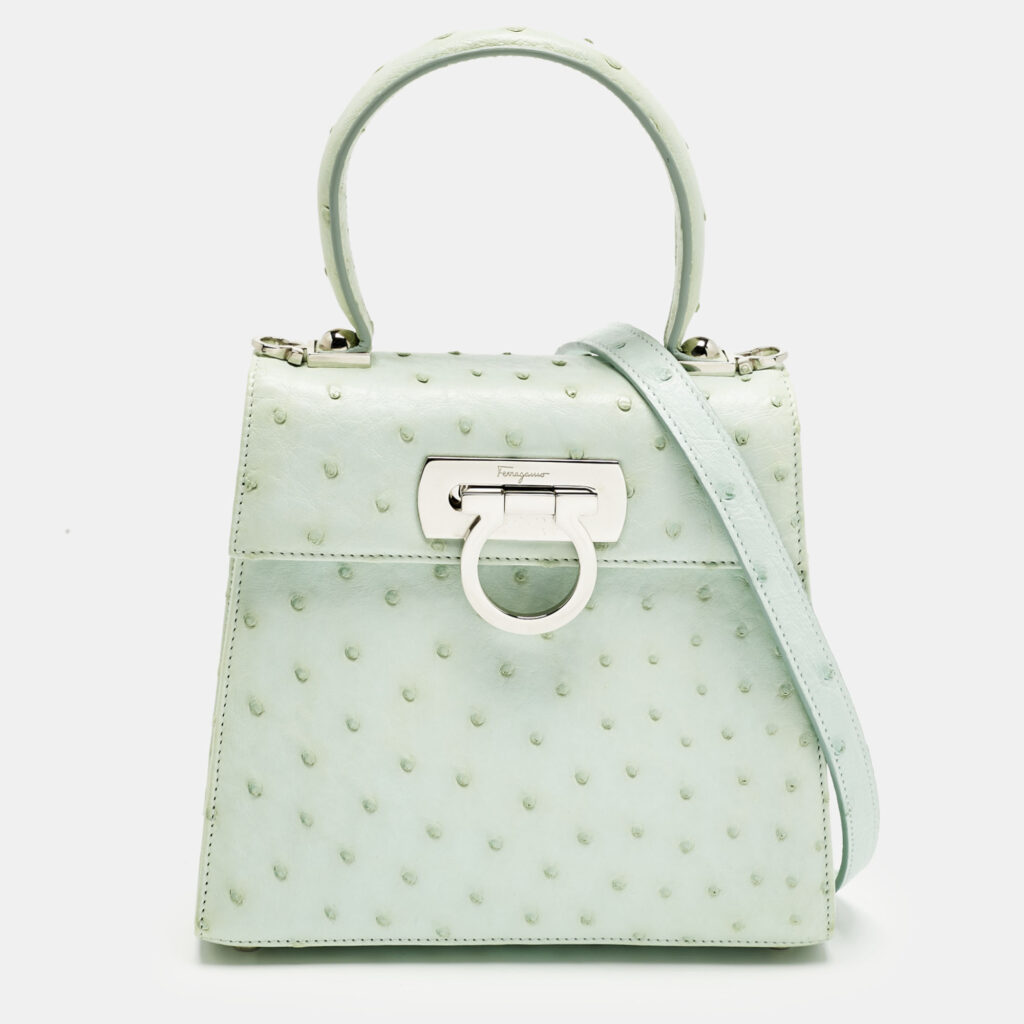 Salvatore Ferragamo Ghiacciaio Blue Aura Ostrich Small Iconic Top Handle Bag Salvatore Ferragamo Ghiacciaio Blue Aura Ostrich Small Iconic Top Handle Bag