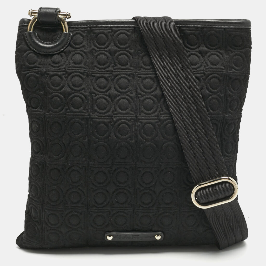 Salvatore Ferragamo Black Gancini Embossed Fabric Flat Messenger Bag Salvatore Ferragamo Black Gancini Embossed Fabric Flat Messenger Bag