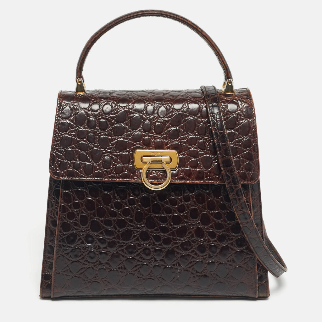 luxury-women-salvatore-ferragamo-used-handbags-p1219886-012-1.jpg Salvatore Ferragamo Dark Brown Crocodile Kelly Top Handle Bag