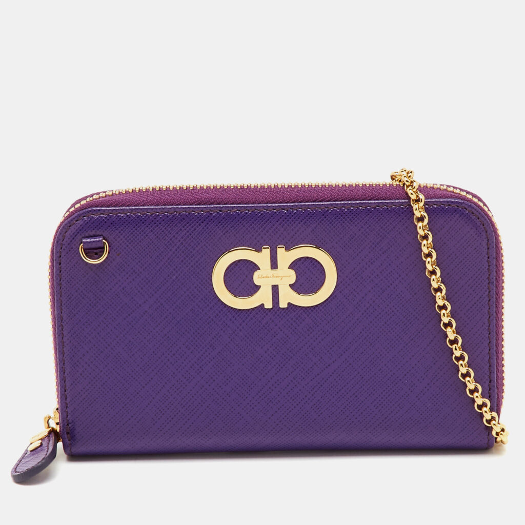 Salvatore Ferragamo Purple Leather Gancio Cip Around Wallet On Chain Salvatore Ferragamo Purple Leather Gancio Cip Around Wallet On Chain